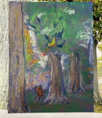a painting of a dog in the woods