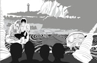 a black and white drawing of a group of people