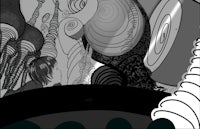 a black and white drawing of a man and a woman