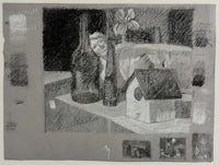 a drawing of a bottle of wine and a birdhouse