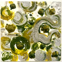 a painting with yellow and white swirls on a white background