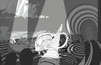 a black and white drawing of a man in a boat